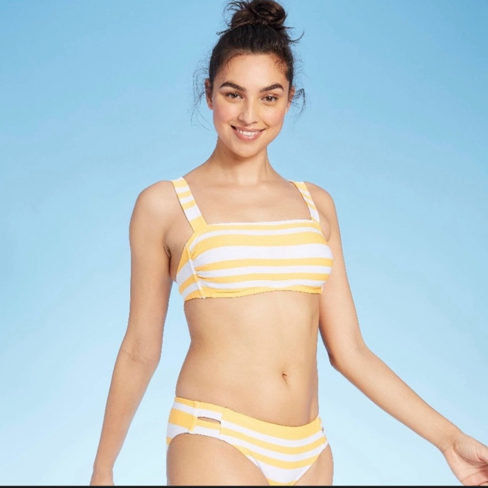yellow and white striped bikini